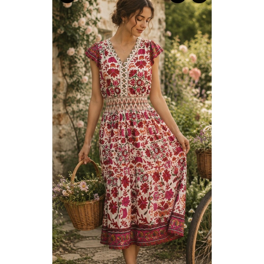 Kaktus Red Floral Boho Hacienda Cottagecore Cotton Flutter Sleeve Maxi Dress XL